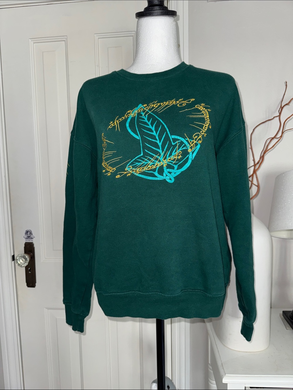 Forest Green Crewneck Lord of the Rings Sweatshirt with Teal & Gold Graphic